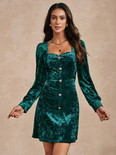 Almamuse 1pc Women Sweetheart Neck Long Sleeve Elegant Fitted Slim Velvet Dress